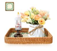 Plateau en rotin avec mosaïque de coquillages, plateau de service carré, décoration vintage, palettes tissées, pour petit déjeuner, boissons, collations, desserts, fruits, 26,5 x 26,5 x 5 cm (vert, L)