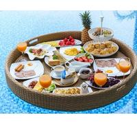 Plateau flottant rond en rotin pour piscine, 80 cm, avec poignées, idéal pour les boissons et le petit déjeuner sur l'eau, accessoire flottant parfait pour piscine, couleur abricot