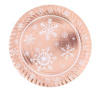 Plateau jetable biodégradable carton 30 cm de diamètre pour Noël et réveillon du Nouvel An couleur or rose métallisé avec flocons blancs 1 pièce