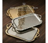 Plateau métallique gaufré, plateau rectangulaire décoratif de style vintage avec poignée, convient pour la décoration de fête de vacances, le service, les cérémonies familiales, le rangement de cosmét