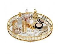 Plateau miroir doré - Plateau décoratif en métal - Verre miroir - Organiseur de bijoux - Plateau de service décoratif pour salle de bain, chambre à coucher, mariage - 32 cm