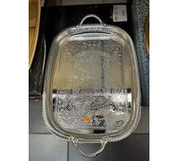 Plateau Oriental Rectangulaire Argenté avec Poignées - Plateau de Service Métal Gravé 40x30 cm - Élégance pour Réceptions et Décoration