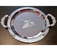 Plateau oriental rond avec poignées et gravures en métal 46 cm - Plateau à thé marocain de couleur argent - Décoration orientale sur la table de service moyenne