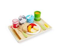 Plateau Petit Déjeuner au lit Bigjigs Toys | ensemble de 28 aliments en bois pour enfants | accessoires de cuisine Montessori | plateau avec toast, fruits & jus | jeu d’imitation dès 18 mois