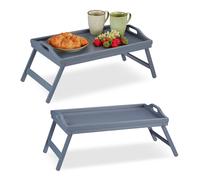 2X Tablette de Lit Bambou Pieds Rabats Rebords Plateau de Service & Petit Déjeuner, HLP : 6,5 x 50 x 30 cm, Gris