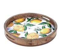 ORIGEN Plateau de service Rond, Bois de Manguier et Thème Citrons. Diamètre 35 cm.