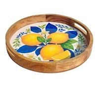 Plateau Rond de Service Motif Citrons - Bois & Résine - Décor Agrumes Jaune Bleu - Ø 35 cm - Épaisseur 4,5 cm
