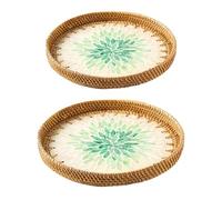 Plateau Rond en Rotin 2 Pièces avec Incrustation de Nacre, Plateau de Service en Rotin avec Base en Bois, Panier Décoratif en Osier pour la Décoration de Table, le Stockage et L'affichage du(Cyan)