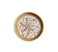 Plateau rond en rotin avec incrustation de nacre, plateau de service en osier avec base en bois, panier décoratif pour café, pain, fruits, aliments et présentation de table (G)