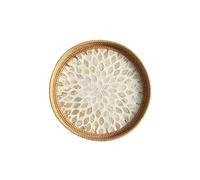 Plateau rond en rotin avec incrustation de nacre, plateau de service en osier avec base en bois, panier décoratif pour café, pain, fruits, aliments et présentation de table (A)