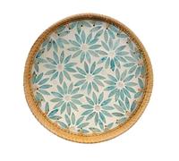 Plateau Rond en Rotin, Plateau De Service Tissé en Rotin, Plateau De Service De Décoration Moderne Et Bohème, Assiettes Décoratives Tissées À La Main pour Table Basse De Salle (Fleur Verte)