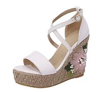 Plateau Sandalen Damen Mit Absatz Espadrilles Sandaletten Wedge Keilsandalen Plattform Spangenpumps High Heel Sandals Offene Zehe Sommerschuhe Bohemian Pantoletten Elegant Stöckelschuhe