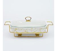Plateaux chauffants rectangulaires en porcelaine pour aliments, réchauds en céramique et ensembles de chauffe-buffet, ensemble de buffet en céramique, plats de service plaqués or (3.5L)