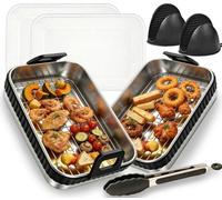 Plateaux de cuisson en acier inoxydable avec doublures pour friteuse Ninja double zone AF400UK, DZ400UK, SL400Uk, 2 clips en silicone et 2 couvercles hermétiques