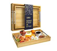 Plateaux de Service Modernes en Bambou avec poignée - Lot de 2 Plateaux en Bois Qui s'emboîtent - Grand et Petit Plateau pour Nourriture, décoration ottomane et Plus Encore - Plateaux en Bambou pour