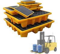 Plateforme de rétention modulaire industrielle pour palettes, entrepôts et usines, avec bac de rétention, orifice de drainage et passages pour chariot élévateur. Conception empilable en poly
