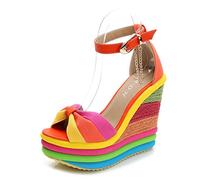 Plateforme Espadrille Compensée Femme Bout Ouvert Sandales à Talons Hauts avec Bride à la Cheville Chaussures à Boucle Hauteur du Talon 13 cm (Color : Orange, Size : 33EU)