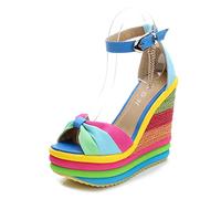 Plateforme Espadrille Compensée Femme Bout Ouvert Sandales à Talons Hauts avec Bride à la Cheville Chaussures à Boucle Hauteur du Talon 13 cm (Color : Blue, Size : 35 EU)