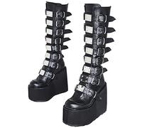 Plateforme Gothique Bottes Hautes pour Femmes Boucles Cloutées Chunky Talon Haut Bottes de Combat Mi-Mollet Fermeture Éclair À Bout Rond Chaussures Punk (Color : Noir, Size : 36 EU)