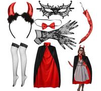 PLATEYTR Diablesse Déguisement Halloween Femme - Costume Diablesse Rouge et Noir, Ensemble Complet de Costumes Femme, Idéal pour Fêtes et Célébrations