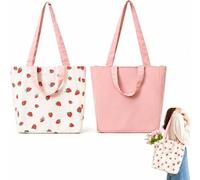 PLATEYTR Sac en Toile Double Face en Coton et Lin,Sac en Tissu, Sac à provisions, Coton épaule Double poignée Toile Messenger Bag pour Femmes, Enfants(Strawberry,31 * 10 * 31cm)