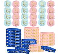 PLATEYTR Set de 48 Pièces pour Révélation de Genre - 24 Épingles Boutons et 24 Bracelets en Silicone - Team Girl Boy pour Articles de Fête Gender Reveal Party