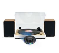 Tourne Disque Pré-amplifié Thomson TT301 Finition BOIS/BLANC - 33/45 tours, Bras AUTO Enceintes Bois 100W, Lumière OVNI LED