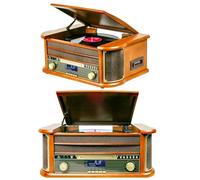 Platine Disque Vinyle - Vintage - Bois - Bluetooth - FM - USB - Lecteur CD et Cassette