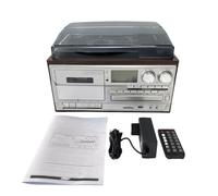 Platine Vinyle 10 en 1 Bluetooth Lecteur CD Cassette Radio | Support vinyle 3 vitesses, enregistrement USB SD, télécommande et cabinet en bois(Dark brown)