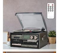 Platine Vinyle, 3 Vitesses, Bluetooth, Usage Domestique | Deux haut-parleurs intégrés, lecture CD/cassette, radio AM/FM, compatibilité USB/SD/MMC, finition noire, alimentation 110 V
