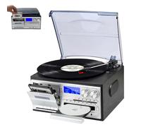 Platine Vinyle 9 en 1, Tourne-Disque Vintage Bluetooth avec Couvercle, Compatible 33/45/78 TR/Min, Lecteur CD et Cassette, Haut-parleurs intégrés, pour disques vinyles 7, 10 et 12 Pouces(Black)