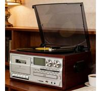 Platine Vinyle Bluetooth 3 Vitesses, avec Haut-parleurs Intégrés, Couvercle Anti-poussière, Lecture CD/Cassette, Radio AM/FM, Enregistreur USB, Entrée Auxiliaire/Sortie RCA, pour La Maison