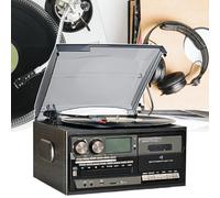 Platine Vinyle Bluetooth 3 Vitesses, Haut-parleurs intégrés, Audio | Compatible avec la radio AM/FM, la lecture USB/SD/MMC et CD/cassette, télécommande incluse, couleur noire, 220 V