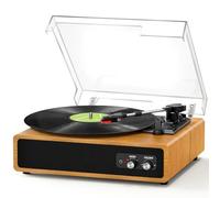 Platine Vinyle, FYDEE Tourne-Disque Vinyle Bluetooth avec Émetteur pour Enceintes, Portable avec 3 Vitesses 33/45/78 TR/Min, 2 Haut-parleurs Intégrés, Sortie RCA, Entrée AUX - Marron Clair
