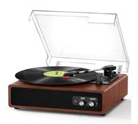 Platine Vinyle, FYDEE Tourne Disque Vinyle Bluetooth avec Émetteur pour Enceintes, Portable avec 3 Vitesses 33/45/78 TR/Min, 2 Haut-Parleurs Intégrés, Sortie RCA, Entrée AUX - Marron Foncé