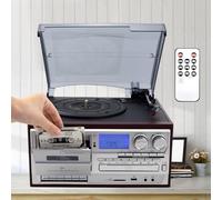 Platine Vinyle générique avec Haut-parleurs, 3 Vitesses, pour la Maison | Radio FM, télécommande, entrée AUX, lecture USB, MP3, carte SD, écran LCD, finition argentée, 220 V