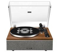 Platine Vinyle Qlearsoul One-S Tout-en-Un avec Haut-parleurs Intégrés DSP, Tourne-Disque Vintage Bluetooth Entrée/Sortie, Préampli Phono, Cellule AT-3600L, 33/45 Tours (Noyer)