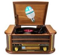 Platine Vinyle Tourne-disque - 33/45/78, 60W, RADIO FM, CD, Cassette, Bluetooth USB, Enregistrement REC, rétro, Bois, Effet LED