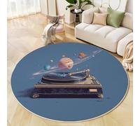 Platine Vinyle Vintage Planétaire Tapis Rond Salon 100cm, Style Rétro Science-Fiction Antidérapant Poils Courts Tapis De Sol Ronds Décoration, Pour Salon Chambre Cuisine Balcon Terrasse, Bleu-Gris