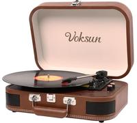 Platine Vinyle, VOKSUN Bluetooth Out Turntable Vintage Portable avec Haut-parleurs Intégrés, 3 Vitesses Lecteur de Vinyles USB pour Valises, Entrée Auxiliaire, Prise Vinyle RCA Auto-Stop (Brun)