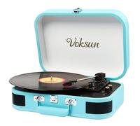 Platine Vinyle, VOKSUN Bluetooth Out Turntable Vintage Portable avec Haut-parleurs Intégrés, 3 Vitesses Lecteur de Vinyles USB pour Valises, Entrée Auxiliaire, Prise Vinyle RCA Auto-Stop (Bleu)