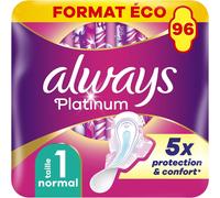 Platinum Serviettes Hygiéniques,Taille 1,Normal,96 Serviettes Avec Ailettes,Flux Légers Jour,Format Eco,Douces Et Flexibles,Super Absorbantes Et Ultra Fines