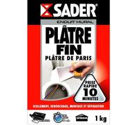 Sader - Plâtre Fin de Paris - Scellement, Rebouchage, Montage et Réparation - Tous Supports - Intérieur - Prise Rapide 10 Minutes - 1 Boîte Carton 1 kg, Blanc