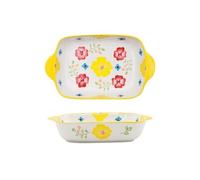 Plats à four pour cocotte Plat de cuisson riz cuit au fromage, rectangulaire en céramique, fleurs peintes à la main, four micro-ondes domestique, bol spécial(Yellow)
