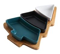 Plats divisés en céramique avec plateau en bambou, apéritif à 3 compartiments, plateau de service sectionnel en forme de sapin de Noël pour bonbons et noix, fruits, condiments, fête, bleu - S