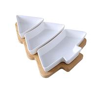 Plats divisés en céramique avec plateau en bambou, apéritif à 3 compartiments, plateau de service sectionnel en forme de sapin de Noël pour bonbons et noix, fruits, condiments, fête, blanc - S