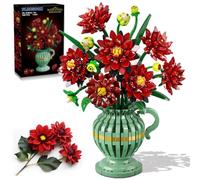 PLAXSOON Kit de Construction de Fleurs Dahlia avec Vase, Collection Botanique Bouquet de Fleurs en Blocs, 1482 PCS Kit Bonsaï Artificiel Gothique Déco Maison Cadeau pour Elle Adultes Enfants Filles