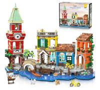 PLAXSOON Venise Ville Maison Kit de construction avec lumière 2155 pièces Jouet de construction avec magasin de fleurs, pizzeria, maison d'habitation - Architecture Blocs de construction Modèle Cadeau