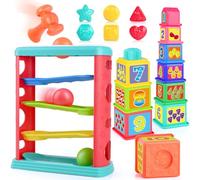 PLAY 2 in 1 Jouet a Tasses Empiler avec 6 Blocs à Trier par Formes, Jouet à Faire Tomber Une Balle, Apprendre à Trier et à Empiler, Jouet éducatif Montessori Marteaux pour Les Bebe de 1 2 3 Ans