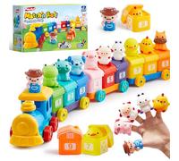 Play-ACT Jouet Montessori Bébé dès 12 Mois, Train Animaux de la Ferme avec 9 Granges Numérotées, Jeu Éducatif de Tri, Couleurs et Chiffres, 10 Marionnettes à Doigts, Cadeau Enfant 1-4 Ans